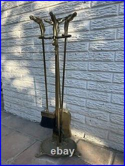 Mid-Century Equestrian Horse Head Brass Plated Fireplace Tool Set