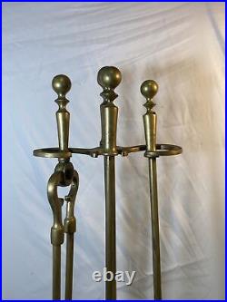 Mid Century Era Brass Fireplace Tool Set With Stand 5pc Heavy