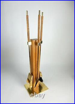 Mid Century Modern Alessandro Albrizzi Fireplace Tool Set, Brass & Oak