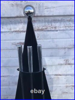Mid Century Modern Black And Chrome Fireplace Tool Set With Corner Stand