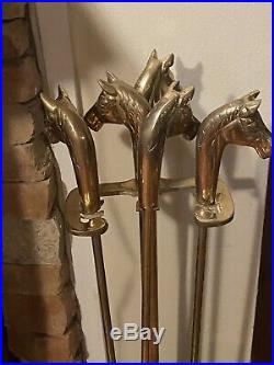 Mid-Century Modern Brass Horse Head Handled Fireplace Tool Set