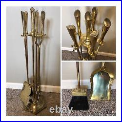 Mid Century Modern Fireplace 5 Piece Brass Tool Set & Stand Hollywood Regency