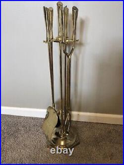 Mid Century Modern Fireplace 5 Piece Brass Tool Set & Stand Hollywood Regency