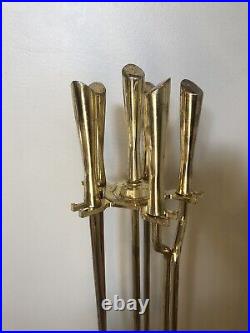 Mid Century Modern Fireplace 5 Piece Brass Tool Set & Stand Hollywood Regency