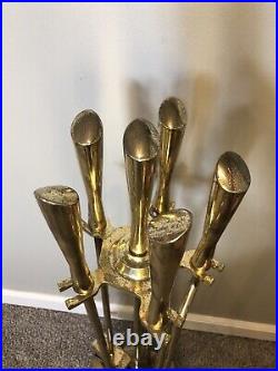 Mid Century Modern Fireplace 5 Piece Brass Tool Set & Stand Hollywood Regency