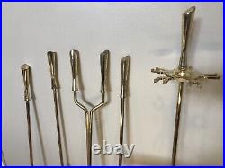 Mid Century Modern Fireplace 5 Piece Brass Tool Set & Stand Hollywood Regency