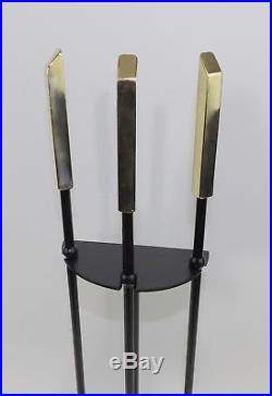 Mid Century Modern Fireplace Tool Set Brass & Wrought Iron Shovel Poker Brush