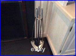 Mid Century Modern Fireplace Tools Silver Stainless Steel & Black 4pc. Set