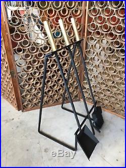 Mid Century Modern Gene Tepper Iron Brass Fireplace Tool Set Log Wood Holder
