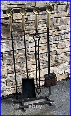 Mid Century Modern Minimalist Brass and Iron Fireplace Tool Set Circa 1950