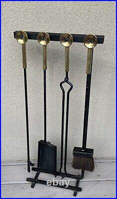 Mid Century Modern Minimalist Brass and Iron Fireplace Tool Set Circa 1950