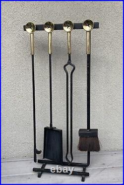 Mid Century Modern Minimalist Brass and Iron Fireplace Tool Set Circa 1950