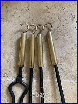 Mid Century Modern Minimalist Brass and Iron Fireplace Tool Set Circa 1950