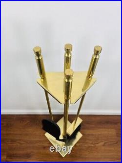 Mid Century Modern Minimalist Fireplace 4 Piece Brass Gold Tool Set 28.5