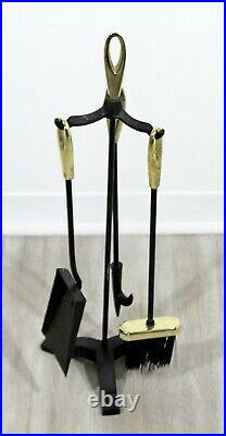 Mid Century Modern Petite Brass Iron Fireplace Tool Set Brush Poker Shovel 1960s