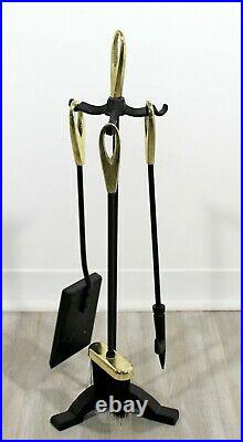 Mid Century Modern Petite Brass Iron Fireplace Tool Set Brush Poker Shovel 1960s