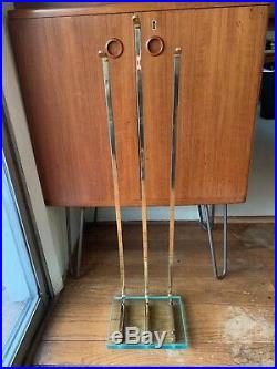 Mid Century Modern Solid Brass and Glass Fireplace Tool Set Fontana Arte