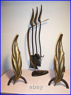 Mid Century Modern Stylized Flame Leaf Brass Iron Andirons & Fireplace Tool Set