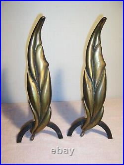 Mid Century Modern Stylized Flame Leaf Brass Iron Andirons & Fireplace Tool Set
