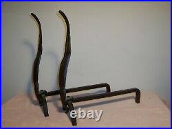 Mid Century Modern Stylized Flame Leaf Brass Iron Andirons & Fireplace Tool Set