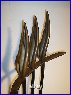 Mid Century Modern Stylized Flame Leaf Brass Iron Andirons & Fireplace Tool Set