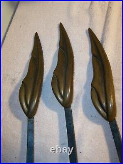 Mid Century Modern Stylized Flame Leaf Brass Iron Andirons & Fireplace Tool Set