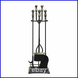Minuteman International Oxford 5 Piece Fireplace Toolset, Antique Brass & Black