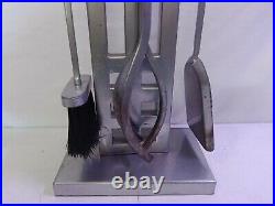 Modern Contemporary Grey Silver Metal Fireplace Tool Set 4 Piece + Stand