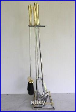 Modern Design Fireplace Tool Set. Polished Chrome & Gold Tone Metal