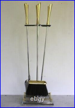 Modern Design Fireplace Tool Set. Polished Chrome & Gold Tone Metal