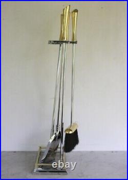 Modern Design Fireplace Tool Set. Polished Chrome & Gold Tone Metal