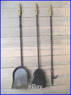Modern FIREPLACE TOOL SET poker shovel brush MID CENTURY solid brass handles