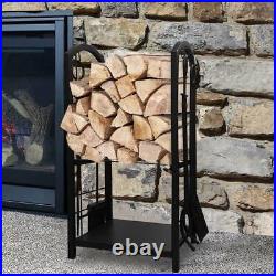 Modern Fireplace Log Rack 4 Tools Set Holder Indoor Outdoor Ergonomic Design