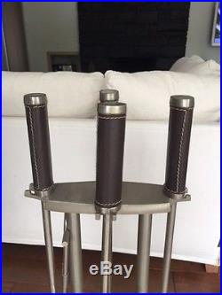 Modern stainless steel set of 4 fire place tools with leather handle