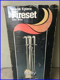 NOS! Vintage Solid Brass Duck Head Fireplace Tool Set 5 Piece 4 Tools & Stand