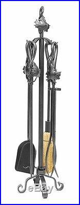New 5 Piece Maple Leaf Design Fireplace Tool Set Graphite PC Wrought Iron