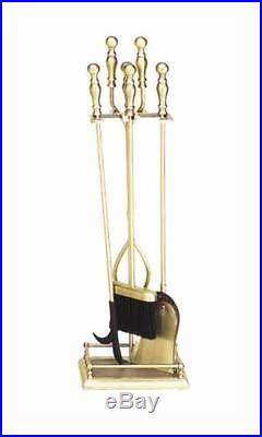 New 5 pc Antique Brass Plated Fireplace Tool Set