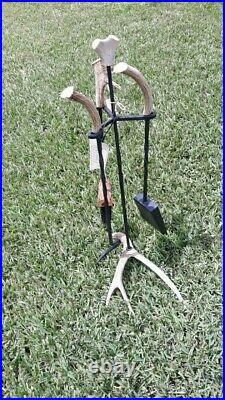 New Amish USA Hand Crafted Wrought Iron Deer Antler FIREPLACE TOOL Set