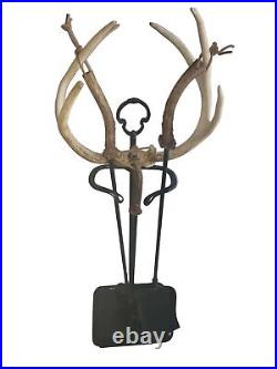 OOAK White Tailed Deer Buck Antlers 4 pc Fireplace Tools Set Brass Rustic Cabin