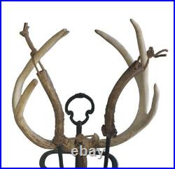OOAK White Tailed Deer Buck Antlers 4 pc Fireplace Tools Set Brass Rustic Cabin