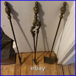 ORNATE Brass 4 pc. Fireplace Tool Set and Stand Great Patina from Manor House