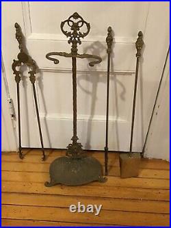 ORNATE Brass 4 pc. Fireplace Tool Set and Stand Great Patina from Manor House