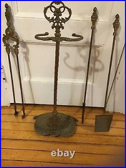 ORNATE Brass 4 pc. Fireplace Tool Set and Stand Great Patina from Manor House