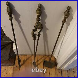 ORNATE Brass 4 pc. Fireplace Tool Set and Stand Great Patina from Manor House