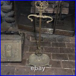 ORNATE Brass 4 pc. Fireplace Tool Set and Stand Great Patina from Manor House