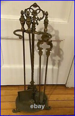 ORNATE Brass 4 pc. Fireplace Tool Set and Stand Great Patina from Manor House