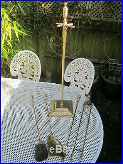 Old Antique Tall Edwardian Brass Fireside Companion Set with 4 Tools c1910