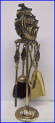 Old Brass Nautical Ship Fireplace Tool Set four piece tool small decorative boat