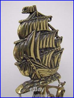 Old Brass Nautical Ship Fireplace Tool Set four piece tool small decorative boat