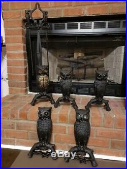 Old Cast Iron Owl Andirons, Owl Fireplace Tool Set & Owl Cast Alum Wall Hangers